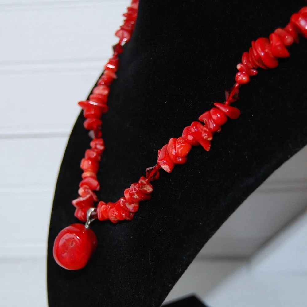 Vintage Sterling Silver Red Coral Necklace Swarovski Turquoise Adjustable Choker